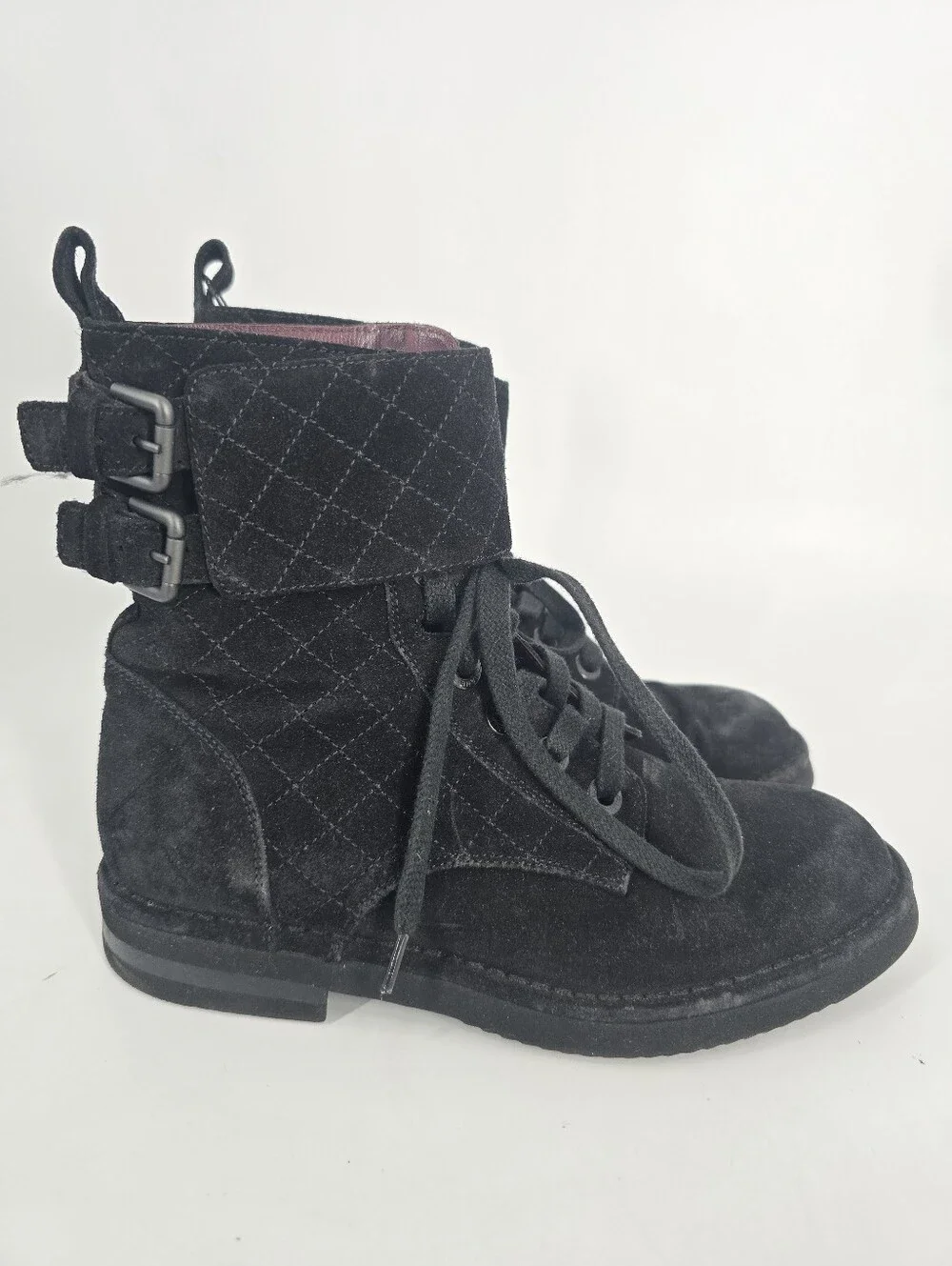 Chanel Black Suede Quilted Buckle Moto Boots Size 37